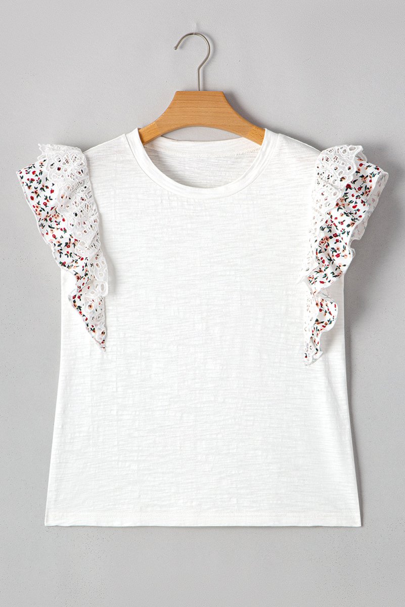 White Floral Lace Eyelet Patched Butterfly Sleeve Blouse - Love Salve